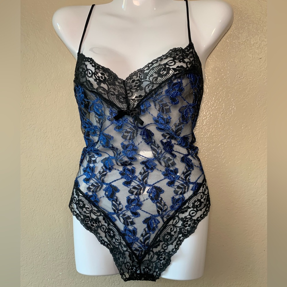 Vintage Bliss Blue Black Lace Whimsigoth Lingerie Teddy Size L